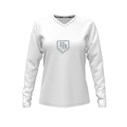 [CUS-DFW-TEES-CMF-VNK-LSL-WHT-FYXS-LOGO3] Decker Comfort T-Shirt (Female Youth XS, White, V Neck, Logo 3, Long Sleeve)