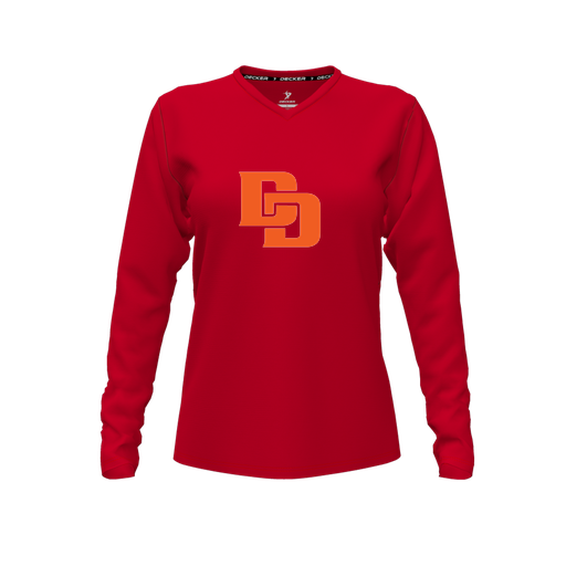 [CUS-DFW-TEES-CMF-VNK-LSL-RED-FYXS-LOGO1] Decker Comfort T-Shirt (Female Youth XS, Red, V Neck, Logo 1, Long Sleeve)