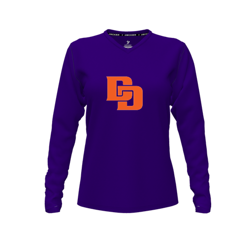 [CUS-DFW-TEES-CMF-VNK-LSL-PUR-FYXS-LOGO1] Decker Comfort T-Shirt (Female Youth XS, Purple, V Neck, Logo 1, Long Sleeve)