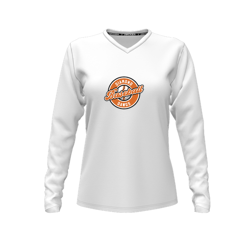 [CUS-DFW-TEES-PER-VNK-LSL-WHT-FYXS-LOGO2] Decker Performance T-Shirt (Female Youth XS, White, V Neck, Logo 2, Long Sleeve)