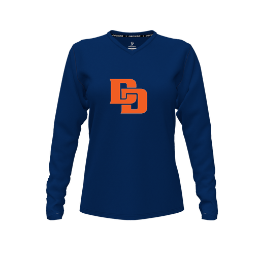 [CUS-DFW-TEES-CMF-VNK-LSL-NVY-FYXS-LOGO1] Decker Comfort T-Shirt (Female Youth XS, Navy, V Neck, Logo 1, Long Sleeve)