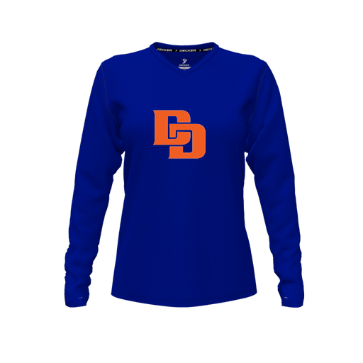 [CUS-DFW-TEES-CMF-VNK-LSL-RYL-FYXS-LOGO1] Decker Comfort T-Shirt (Female Youth XS, Royal, V Neck, Logo 1, Long Sleeve)