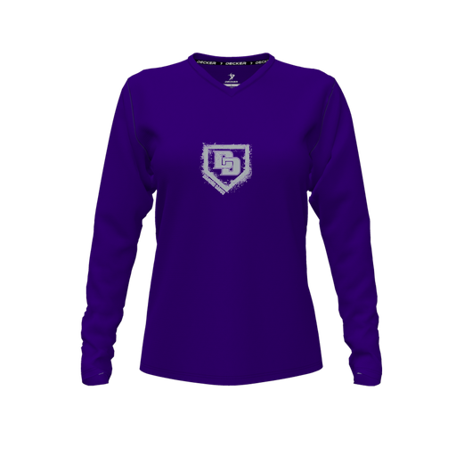 [CUS-DFW-TEES-PER-VNK-LSL-PUR-FYXS-LOGO3] Decker Performance T-Shirt (Female Youth XS, Purple, V Neck, Logo 3, Long Sleeve)